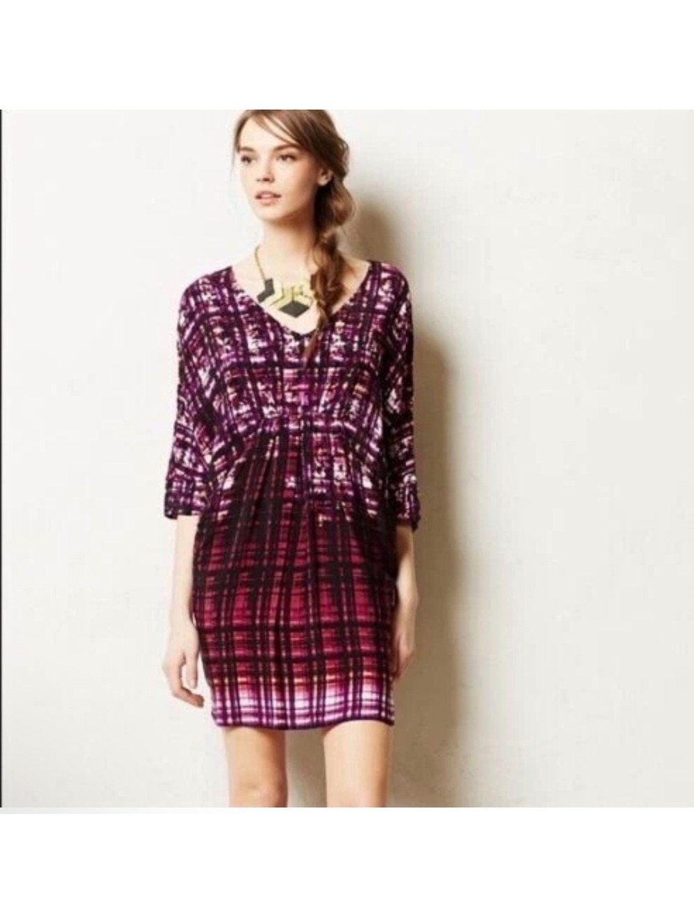 Maeve Plaid Tunic Dress M Purple Boho V Neck 3/4 sleeves